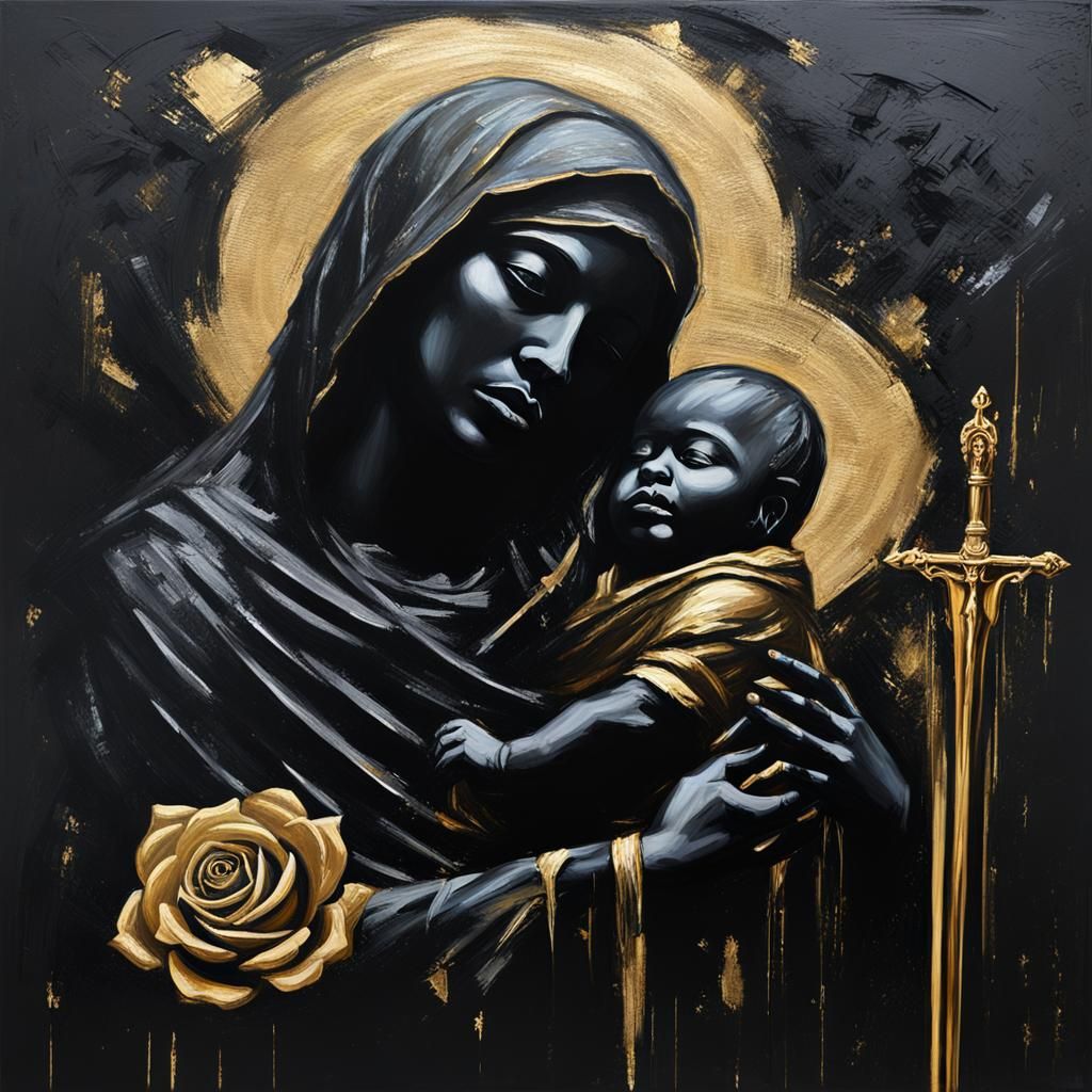 Black Madonna Painting with Golden Rose-Sword
