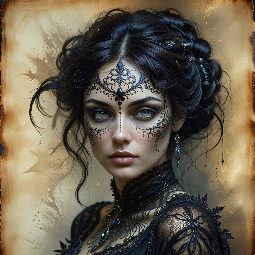 Mysterious Enchantress in Dark Mystical Attire Under Shimmer...