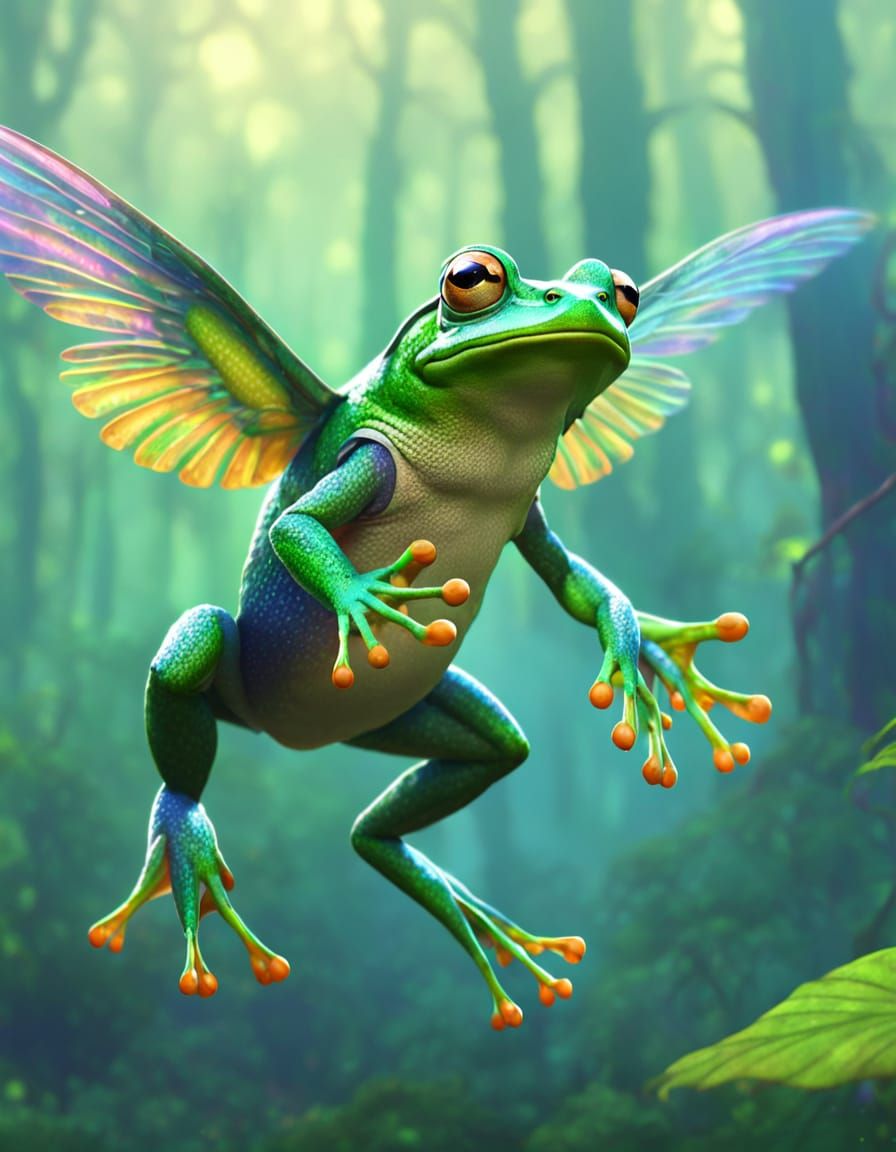 Flying Frog with Iridescent Wings in Misty Forest