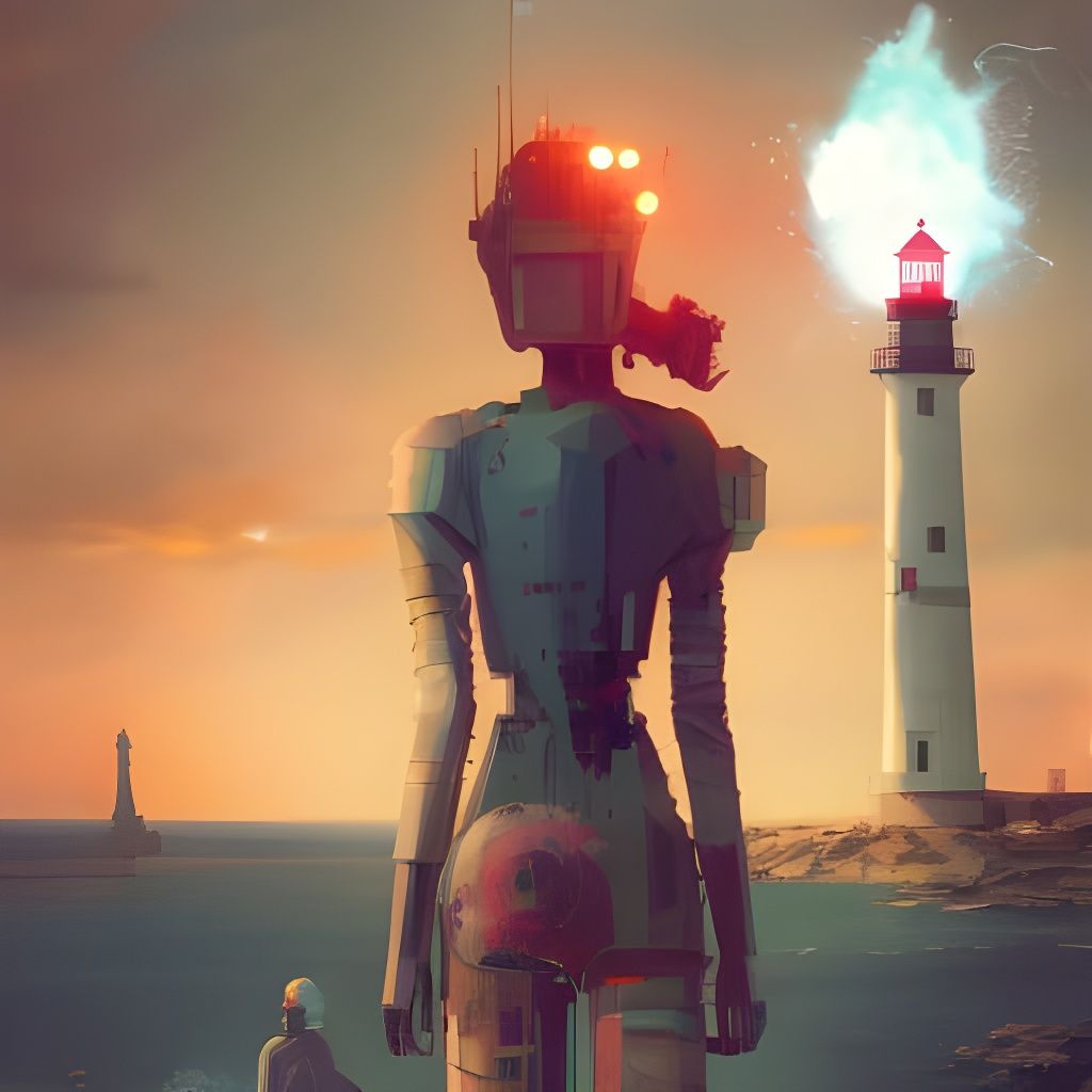 Giant Android with Lighthouse Head in Cyberpunk Style