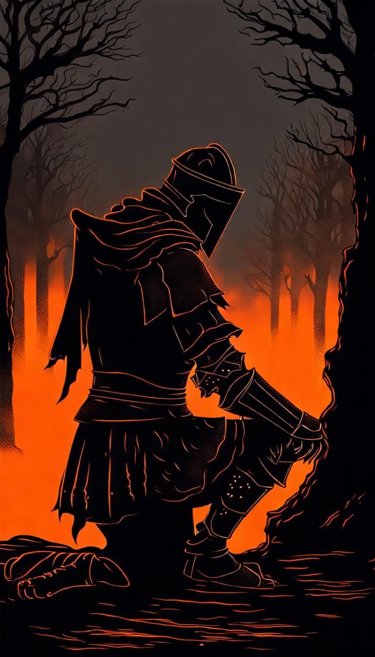 Grieving Medieval Knight: Dark Silhouette in Orange