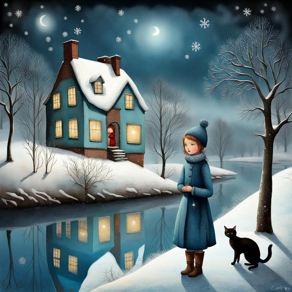 Icy Winter Riverscape in Starry Moonscape, Digital Art