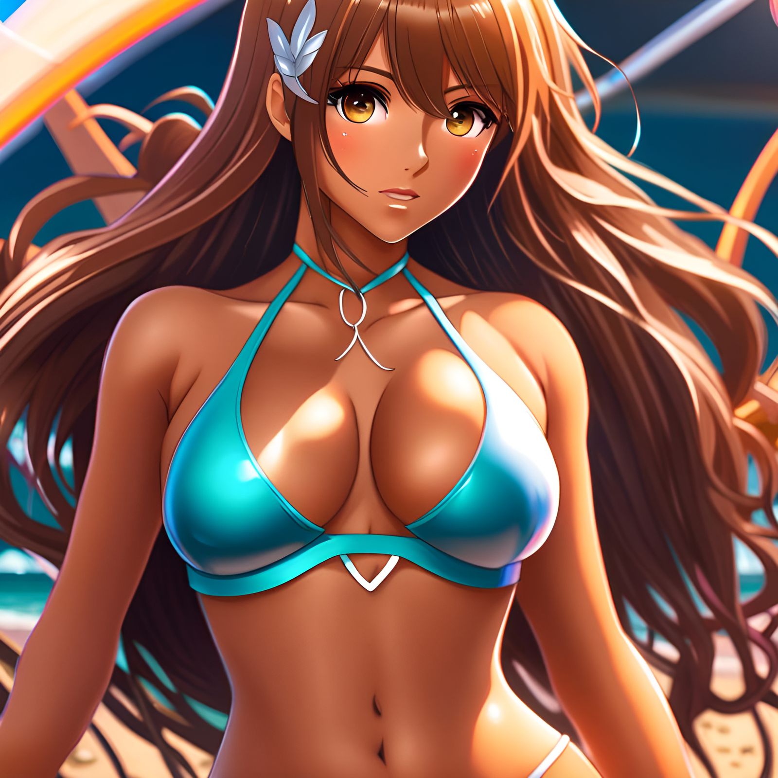 Anime Style Tanned Model in Cutout Bikini