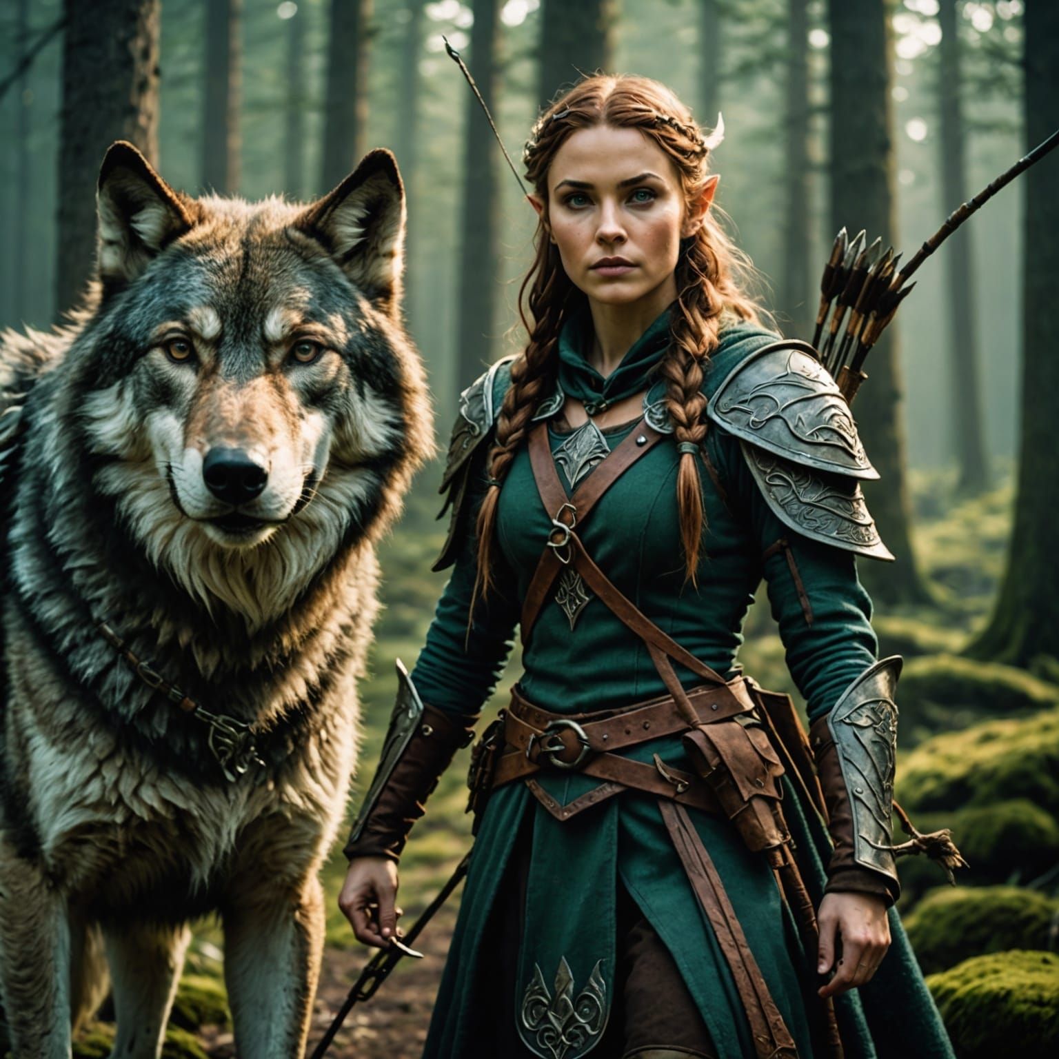 Elven Archer and Wolf Champion: Cinematic Film Still