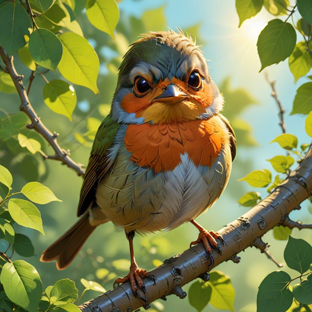 A caricature proud Robin perched on a branch