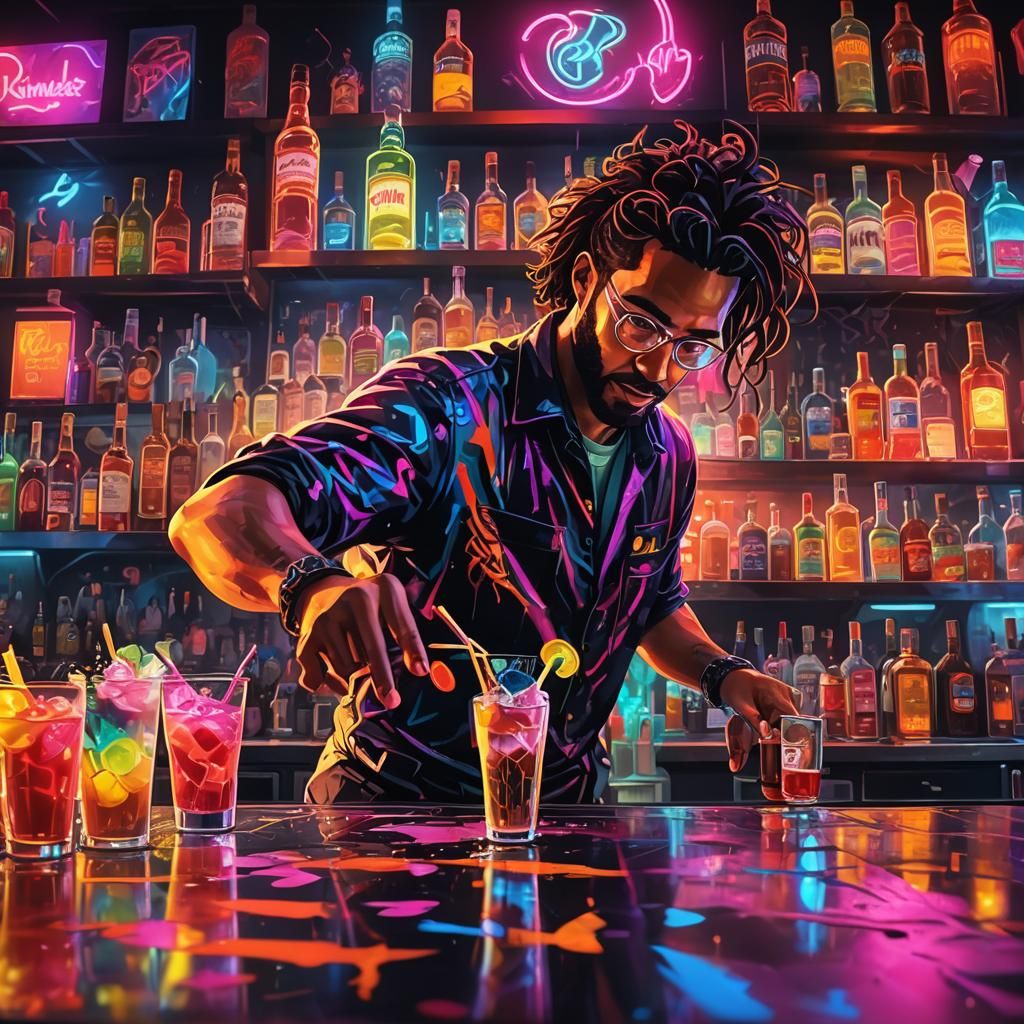 Neon Street Art Bartender in NYC, Graffiti Style