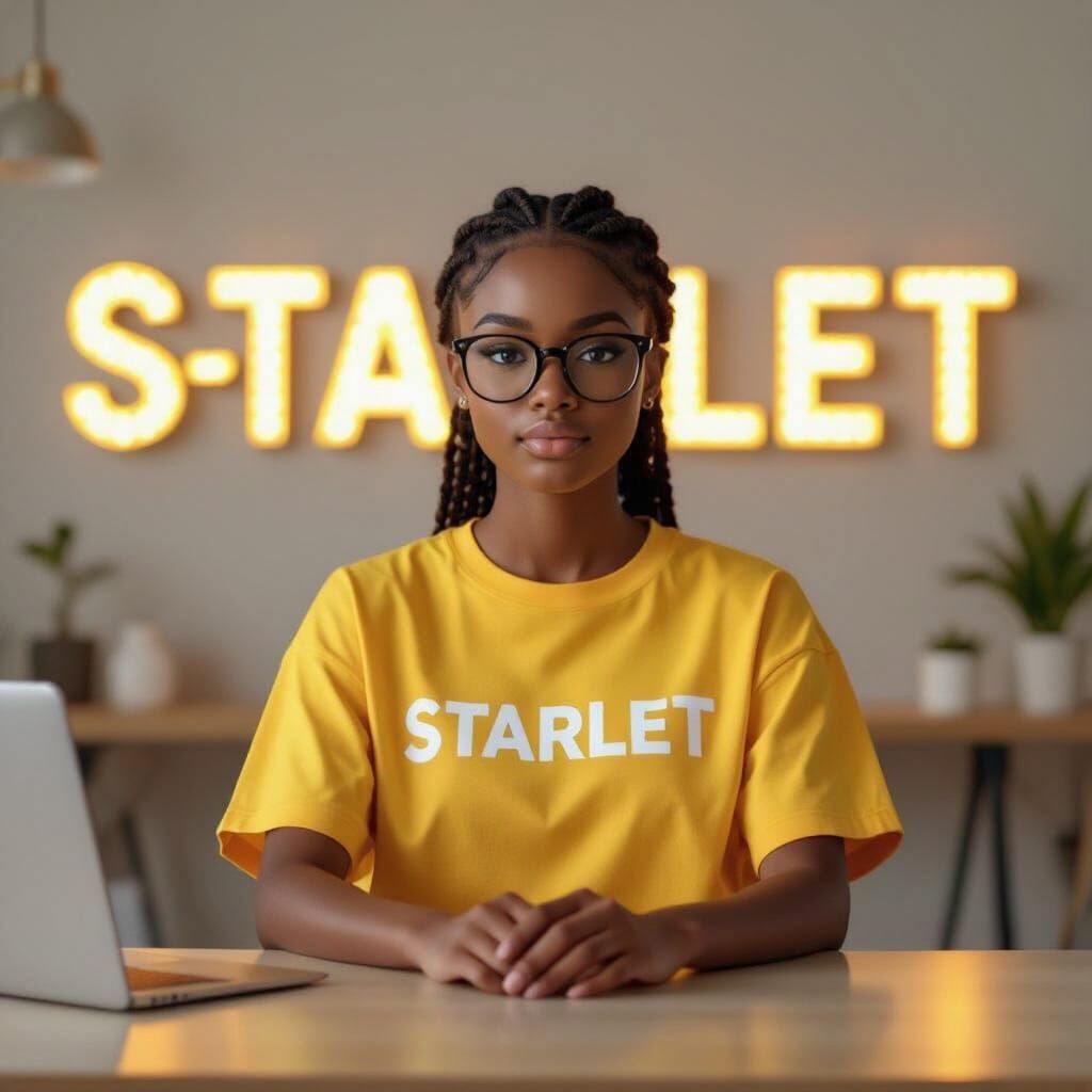 Ghanaian Girl in Home Office with Glowing Starlet Sign