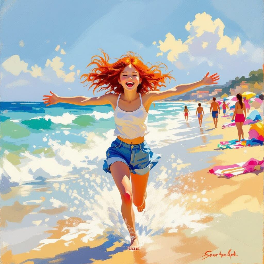 Joyful Redhead Leaping into the Sea: Vibrant Painting