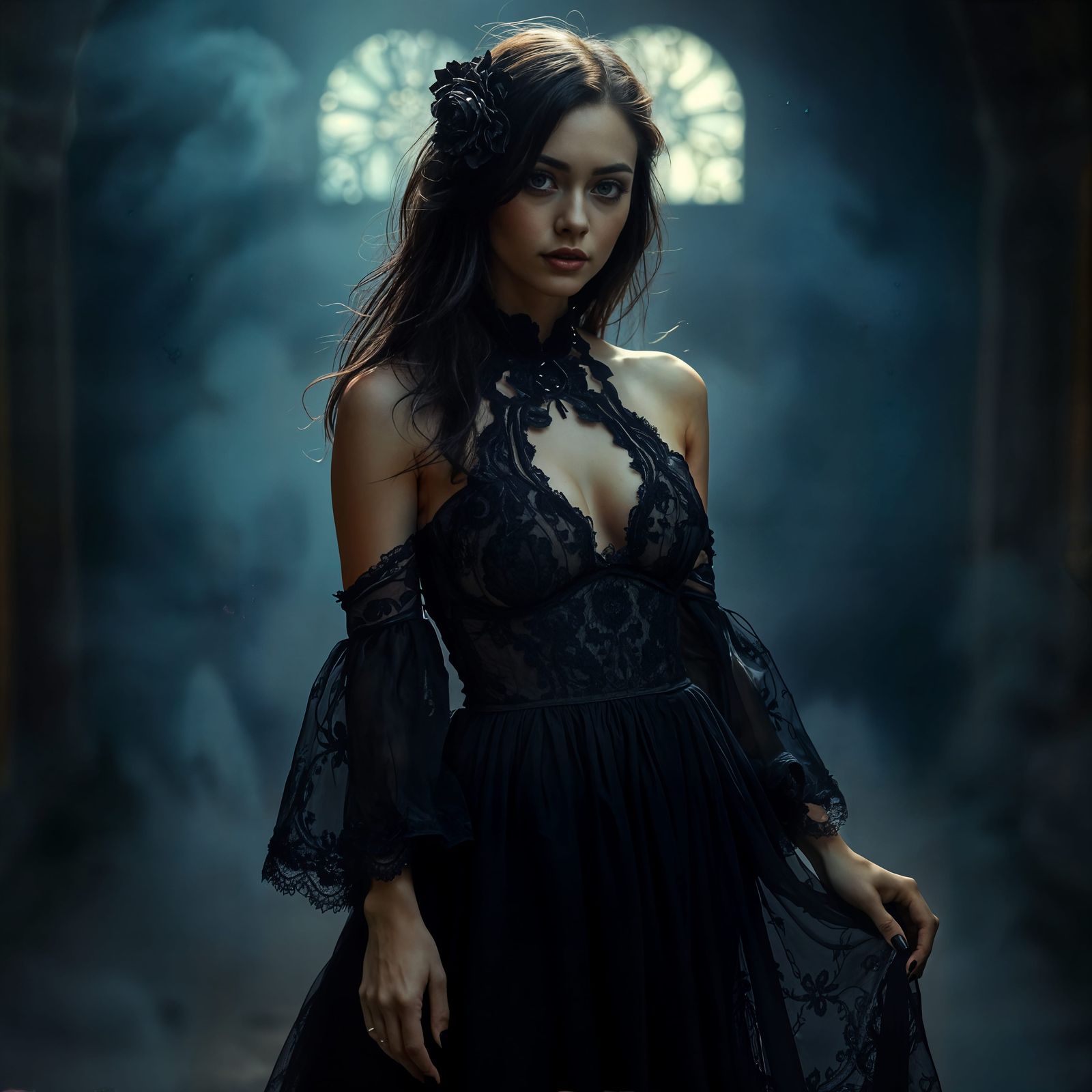 Gothic Woman in Flowing Black Lace Dress