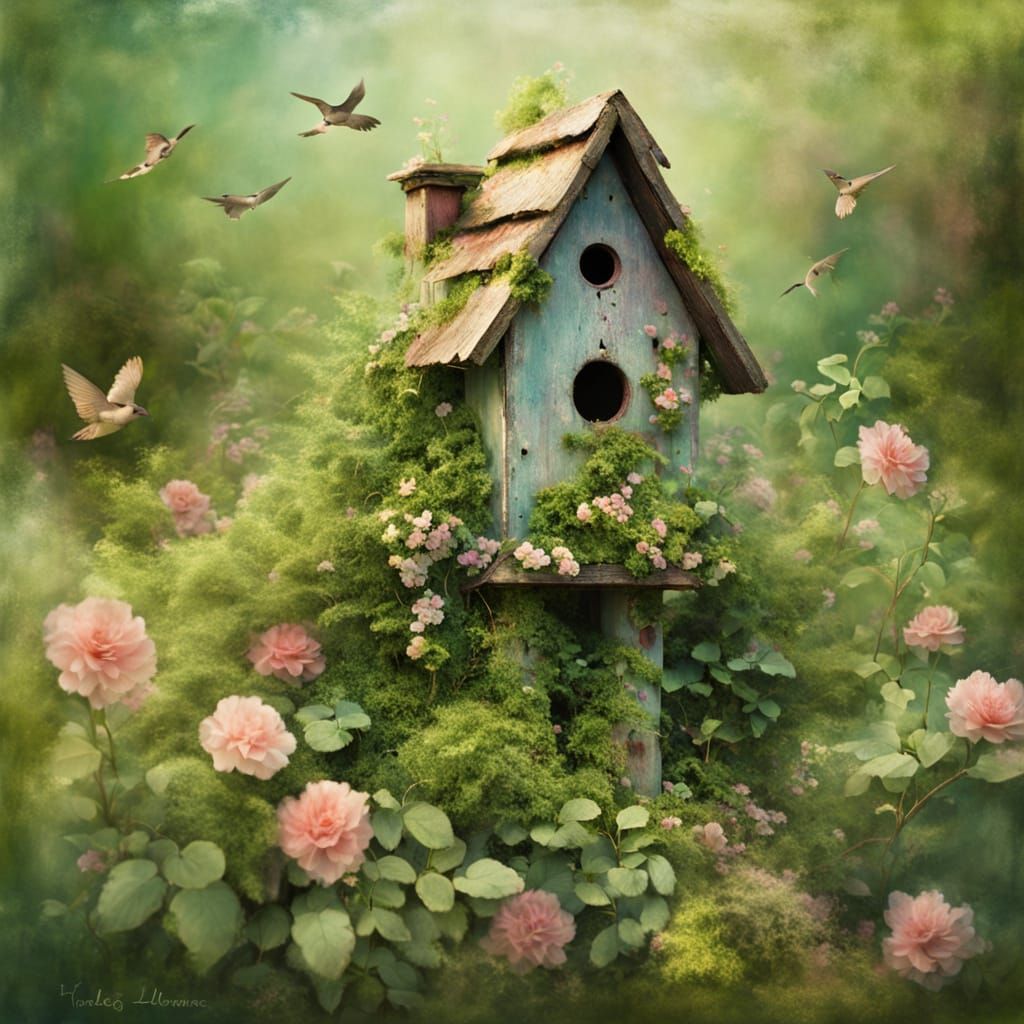 Impressionistic Birdhouse with Lush Greenery