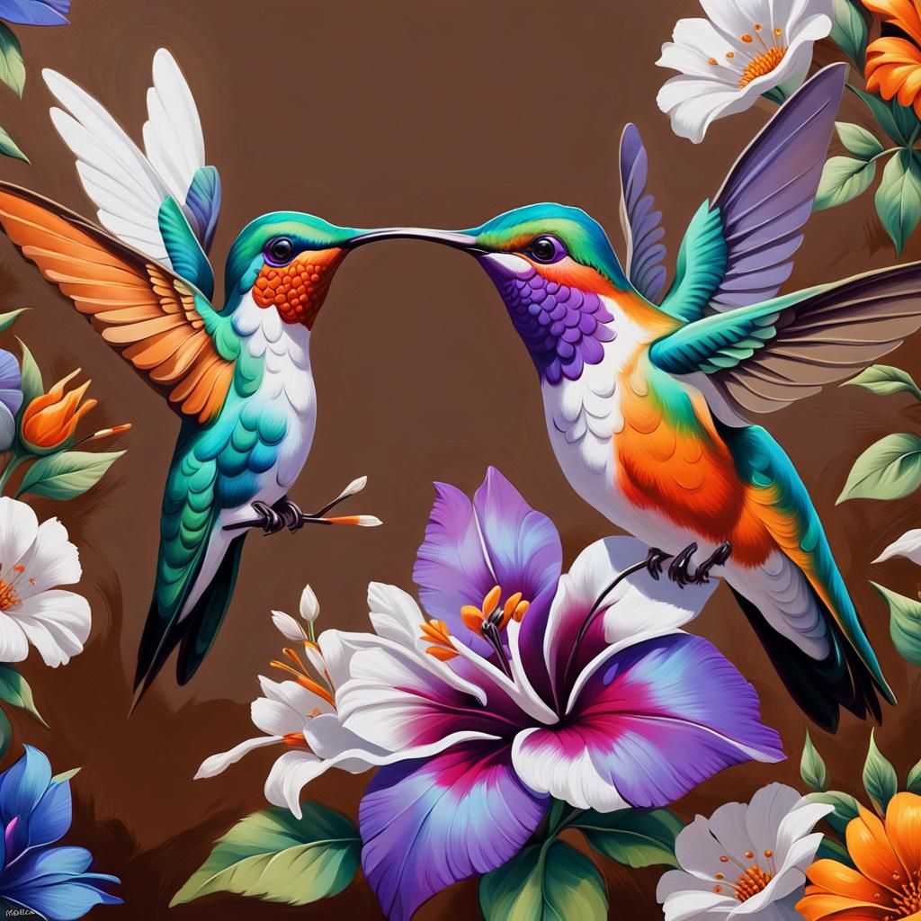 Hummingbirds and Flowers in Airbrush Abstract Art