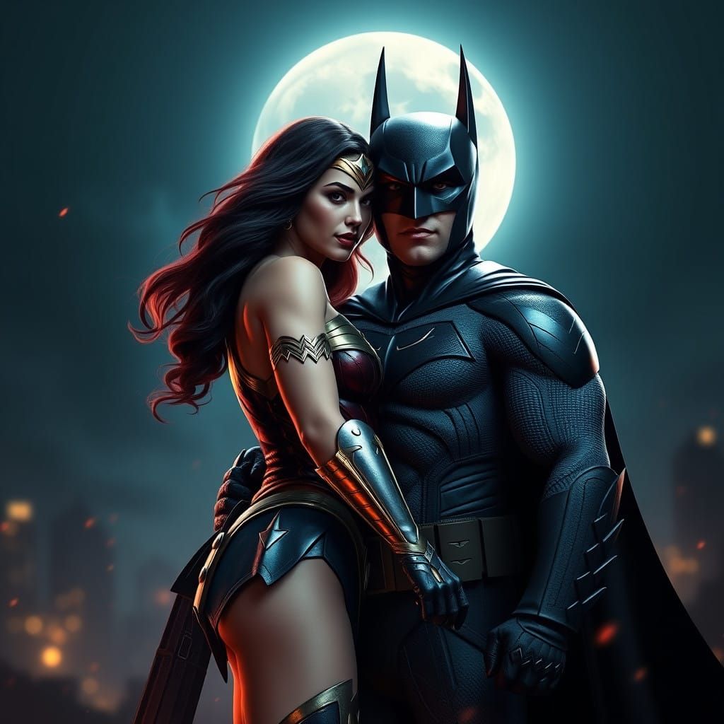 Wonder Woman and Batman in a Fantastical Moonlit Scene
