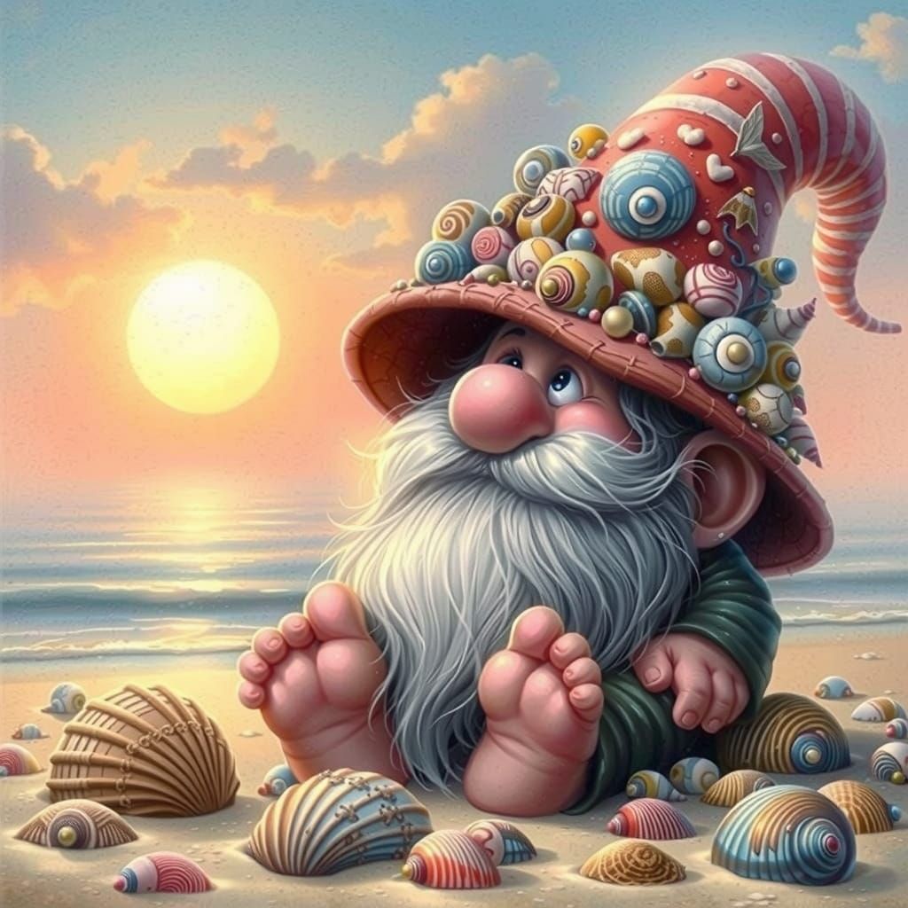 Gnome on Sunny Beach, Whimsical Illustration