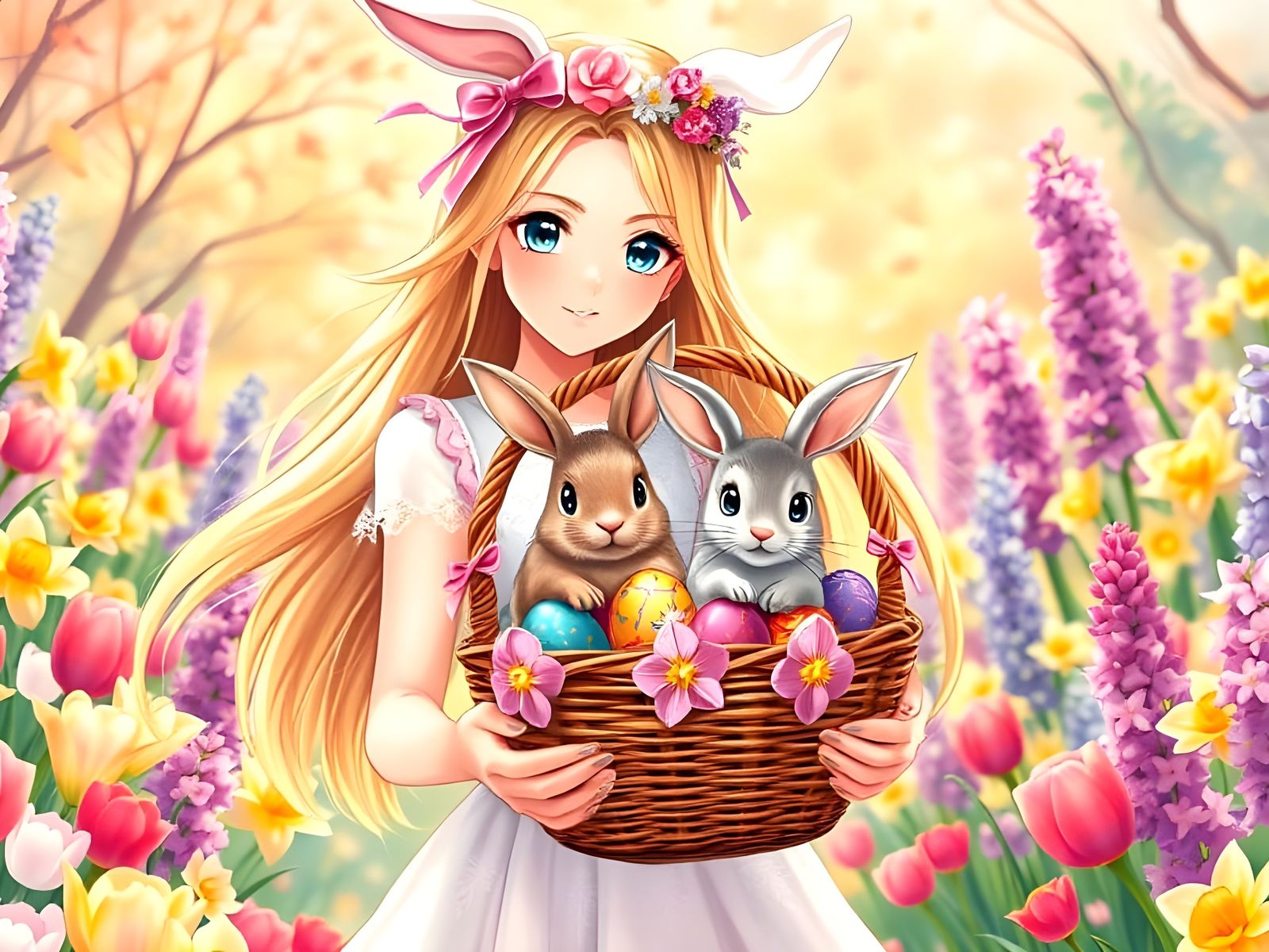 Elegant Easter Goddess with Bunny and Spring Flowers