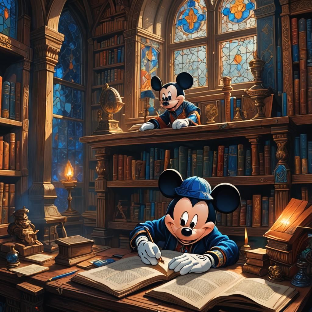Mickey Mouse Studying in Mystical Library