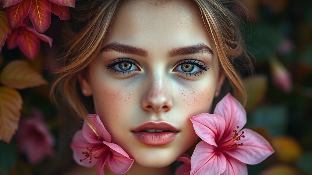 Woman with Golden Accents and Pink Flowers