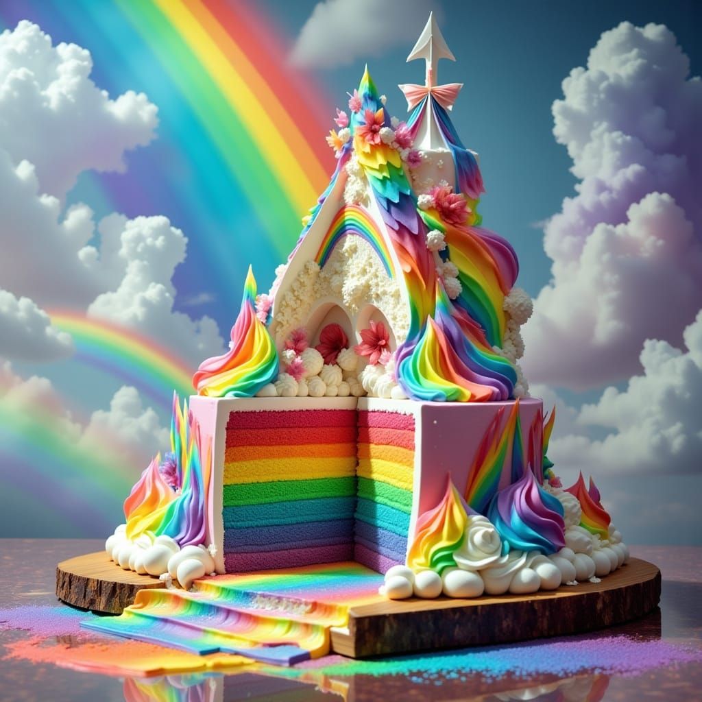 <lora:Rainbow Intensity:1.0> Giant rainbow coloured cake. Large rainbow in the background