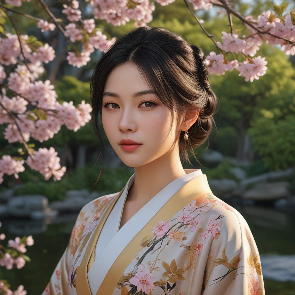 Elegant Japanese Woman in a Cherry Blossom Garden