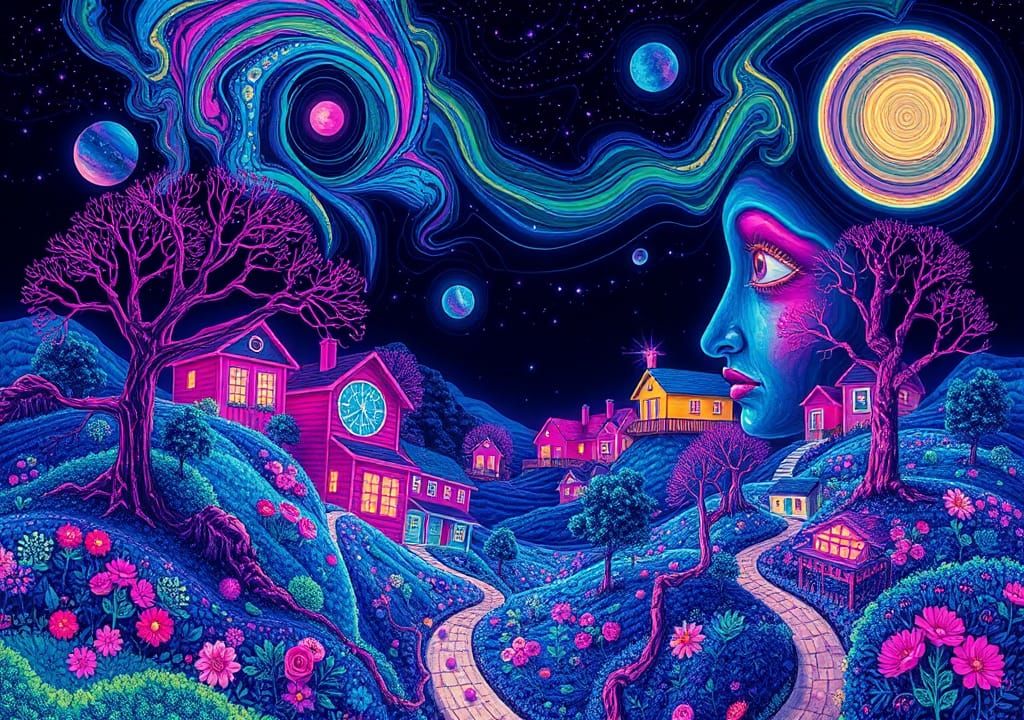 Fluorescent Surrealism: A Magical Night Illustration