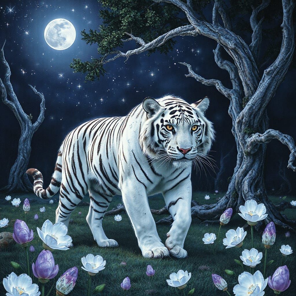 Cosmic White Tiger in Mystical Forest