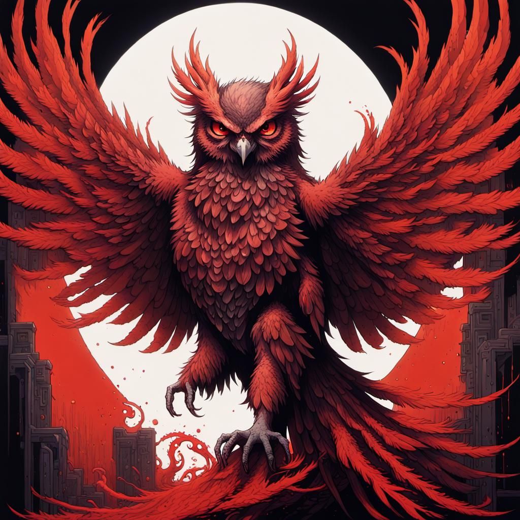 Mythical Pixel Art Phoenix Owl in Red and Black