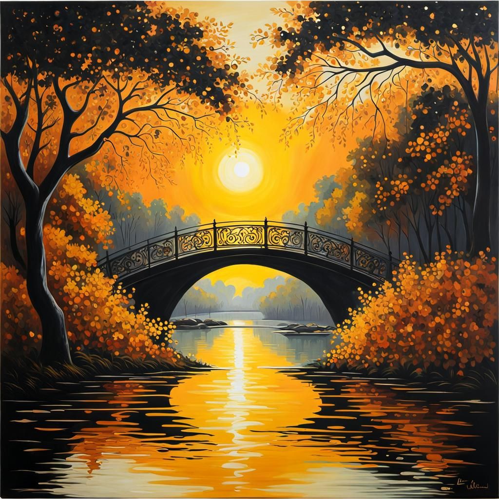 Expressionistic Bridge at Sunset: A Detailed Matte Painting