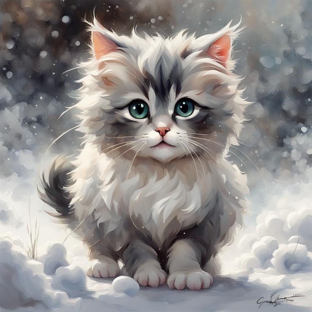 Chibi Cat in Snow, Impressionistic Watercolor Style