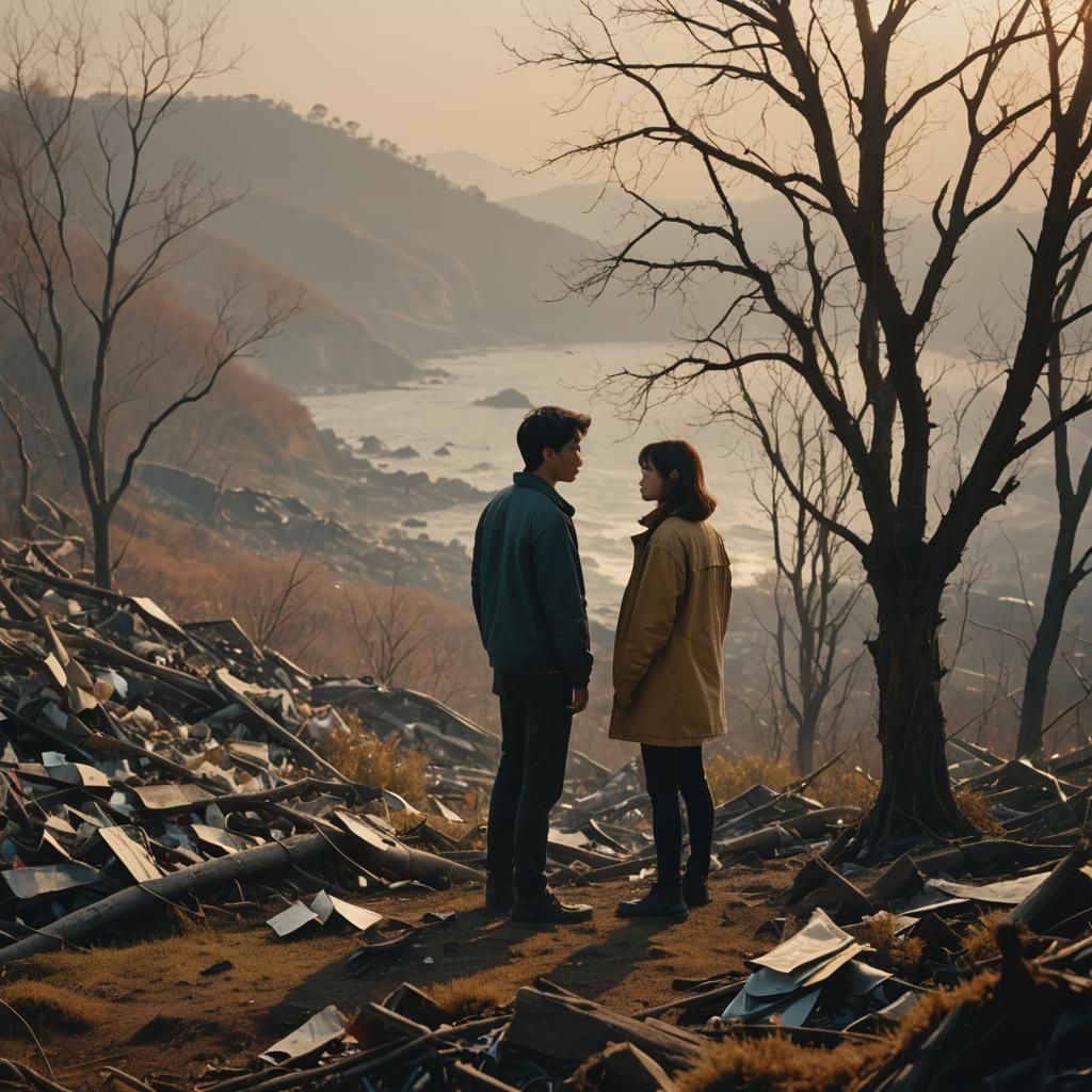 Dreamlike Couple on Desolate Hill in Cinematic Style