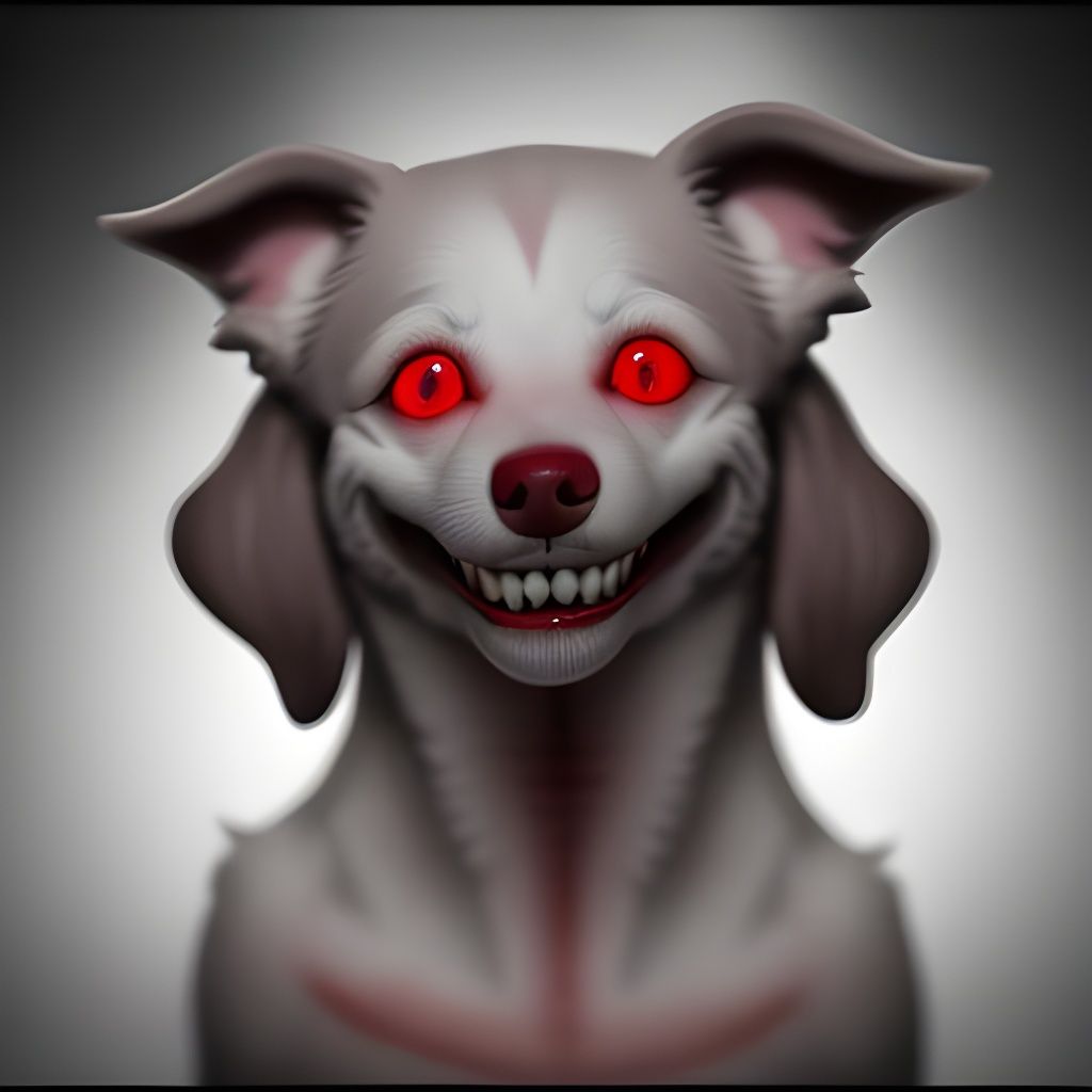 Creepy Smile Dog with Red Eyes in Fog