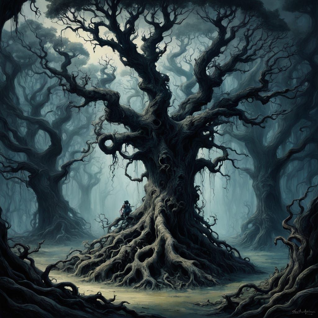 Ancient Tree Silhouette Spills onto Forest Floor in Dark Ink