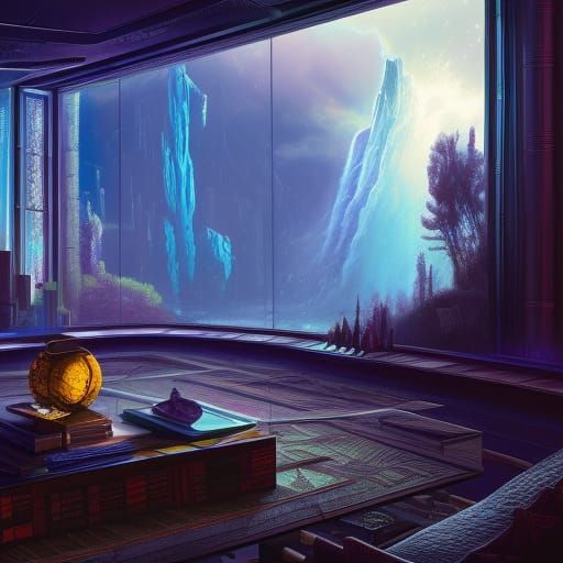 Sapphire Waterfall View from Cyberpunk Library