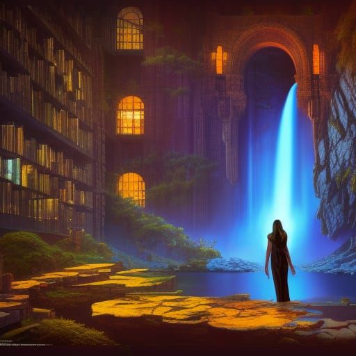 Cyberpunk Library with Sapphire Waterfall, Matte Painting
