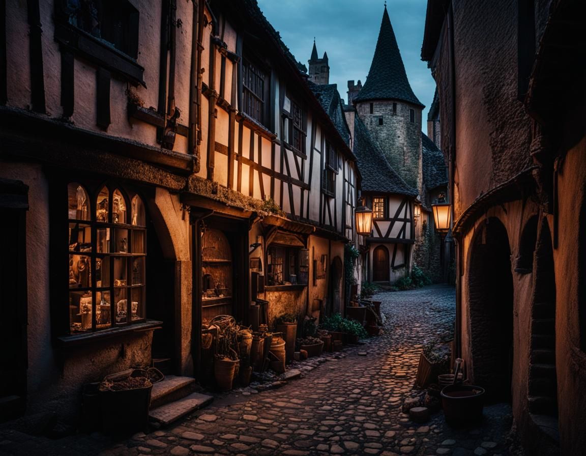 Medieval City Streetscape at Magic Hour