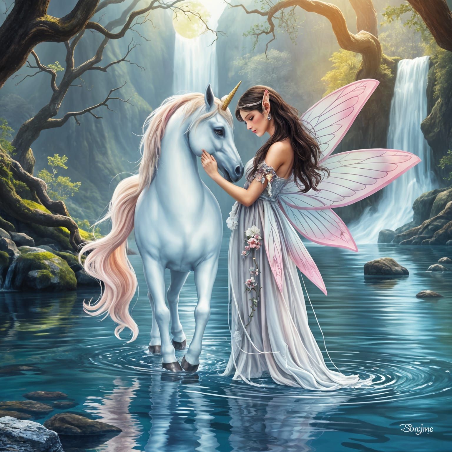 Unicorn and Fairy in Mystical Forest, Fantasy Art