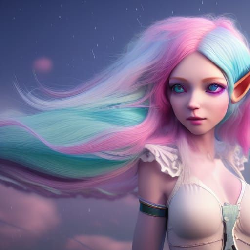 Pastel Elf Girl Surrounded by Clouds in CGI Style