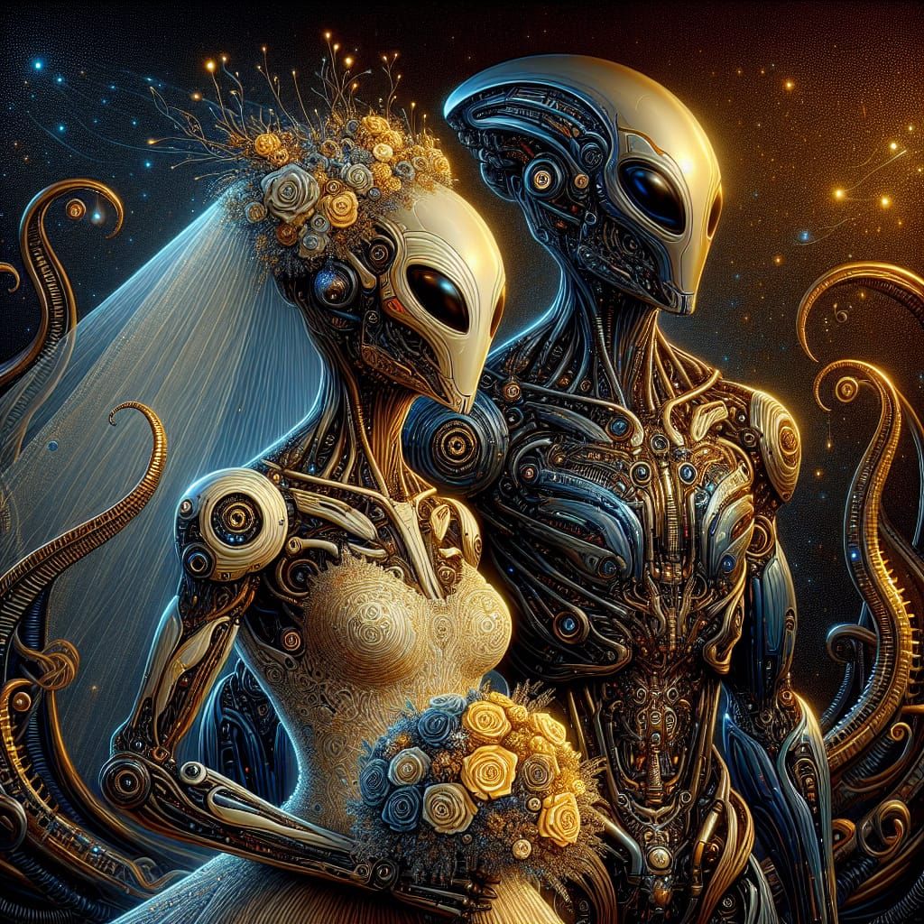 Futuristic Alien Wedding Portrait in Art Nouveau Style