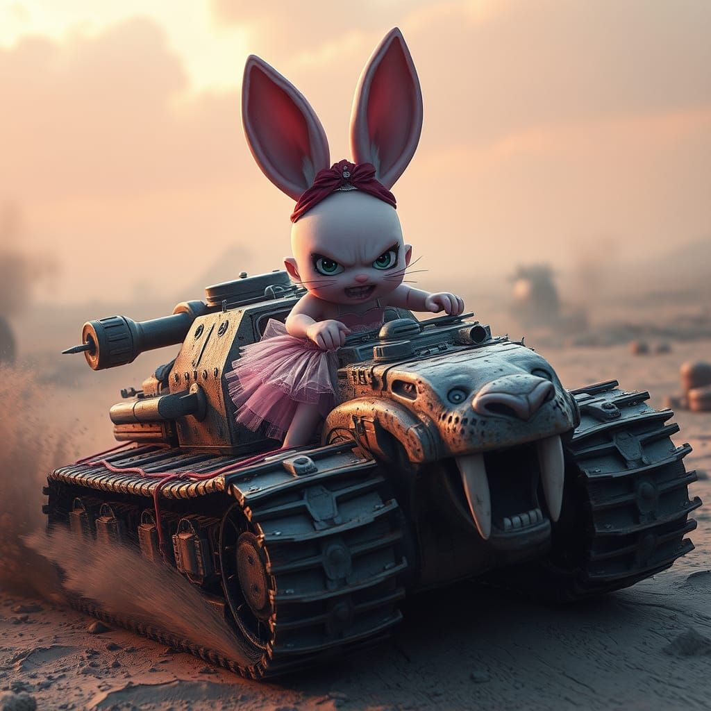 Chibi Bunny Races Tiger Tank in Wasteland, Comic Style