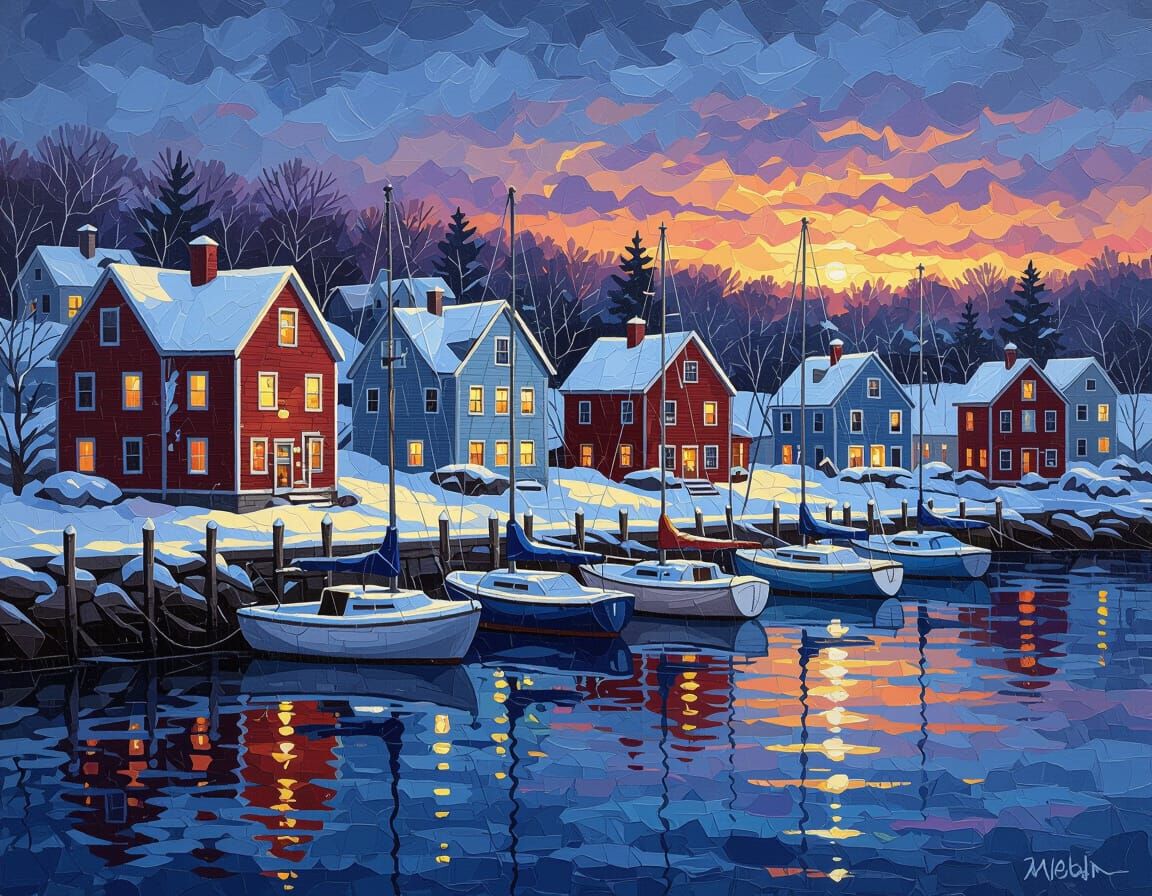 Winter Maine Harbor at Night, Ethereal Fantasy