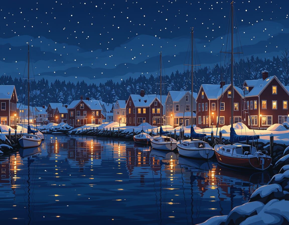 Maine Harbor at Night in Winter, Ethereal Fantasy Style
