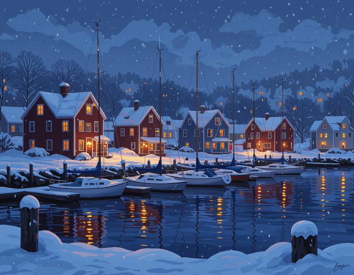 Maine Harbor at Night: Winter Scene with Snow and Light
