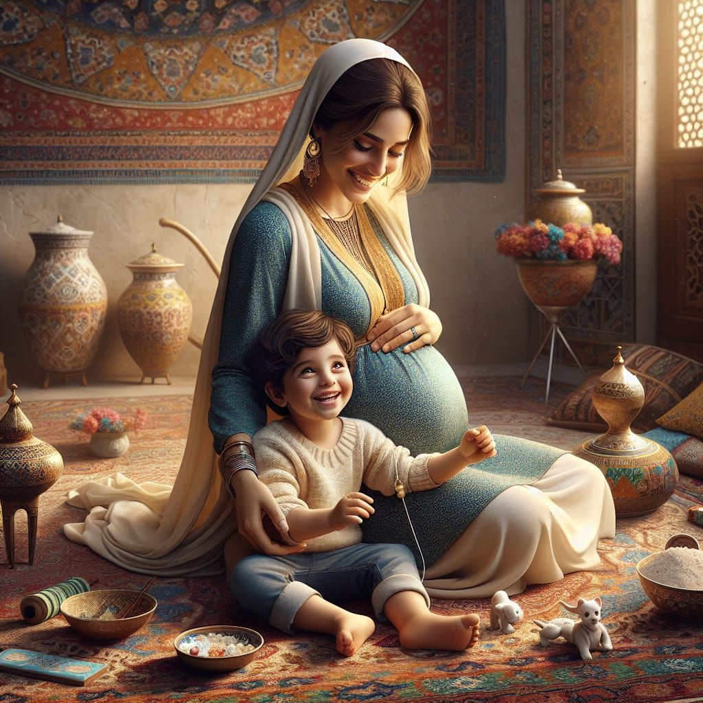 Iranian Mother and Child Radiate Joy in Matte Painting