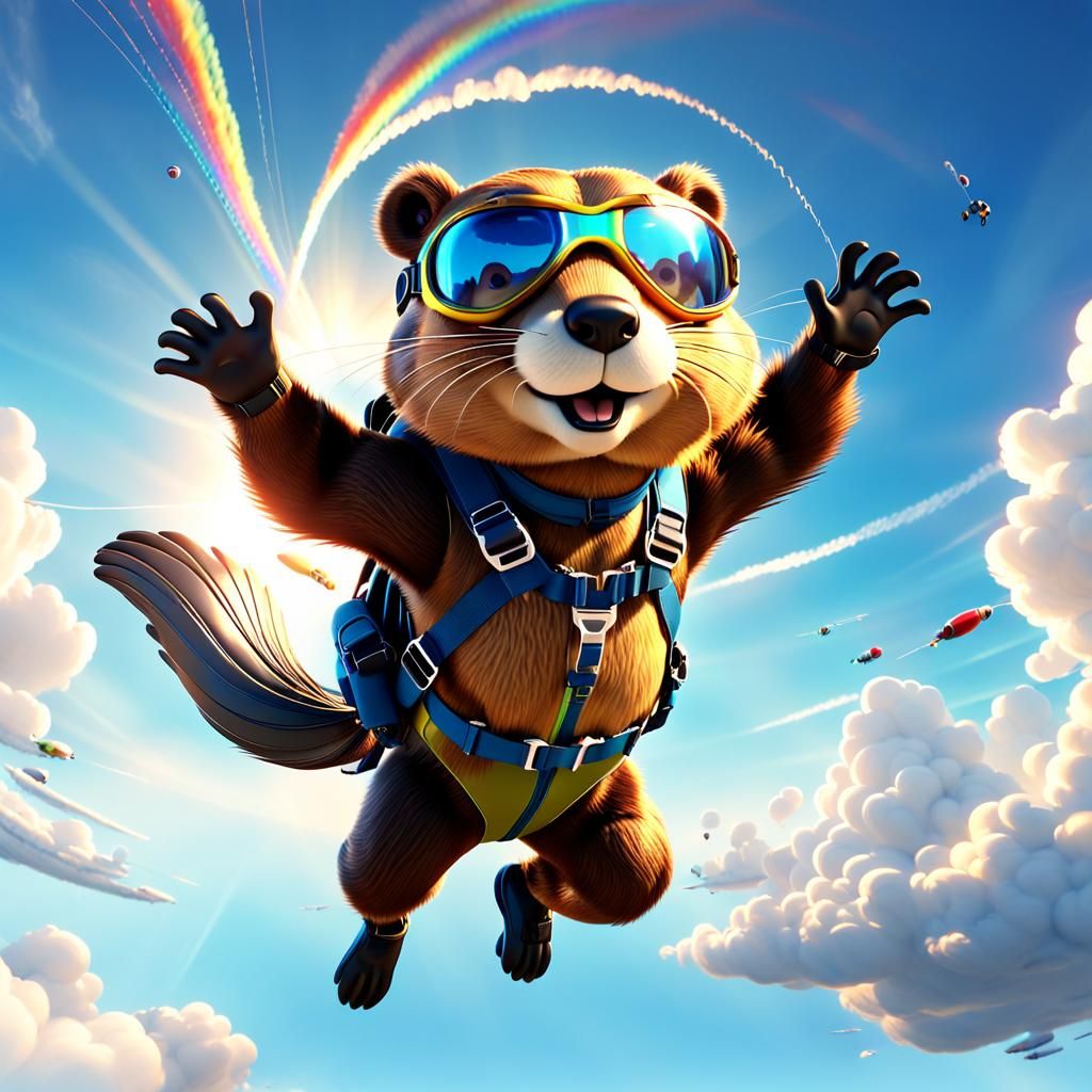 Cartoon Beaver Skydiving Adventure in Pixar Style