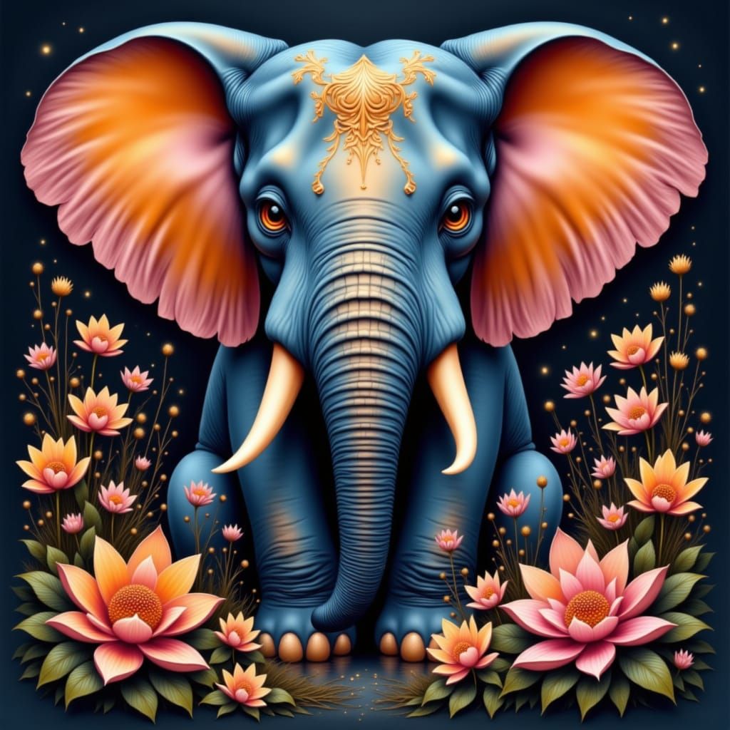 Blue Elephant with Expressive Eyes Amidst Floral Energy