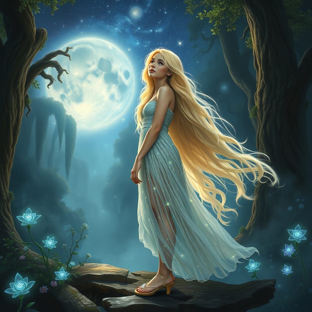Ethereal Woman in Mystical Forest, Dreamlike Fantasy