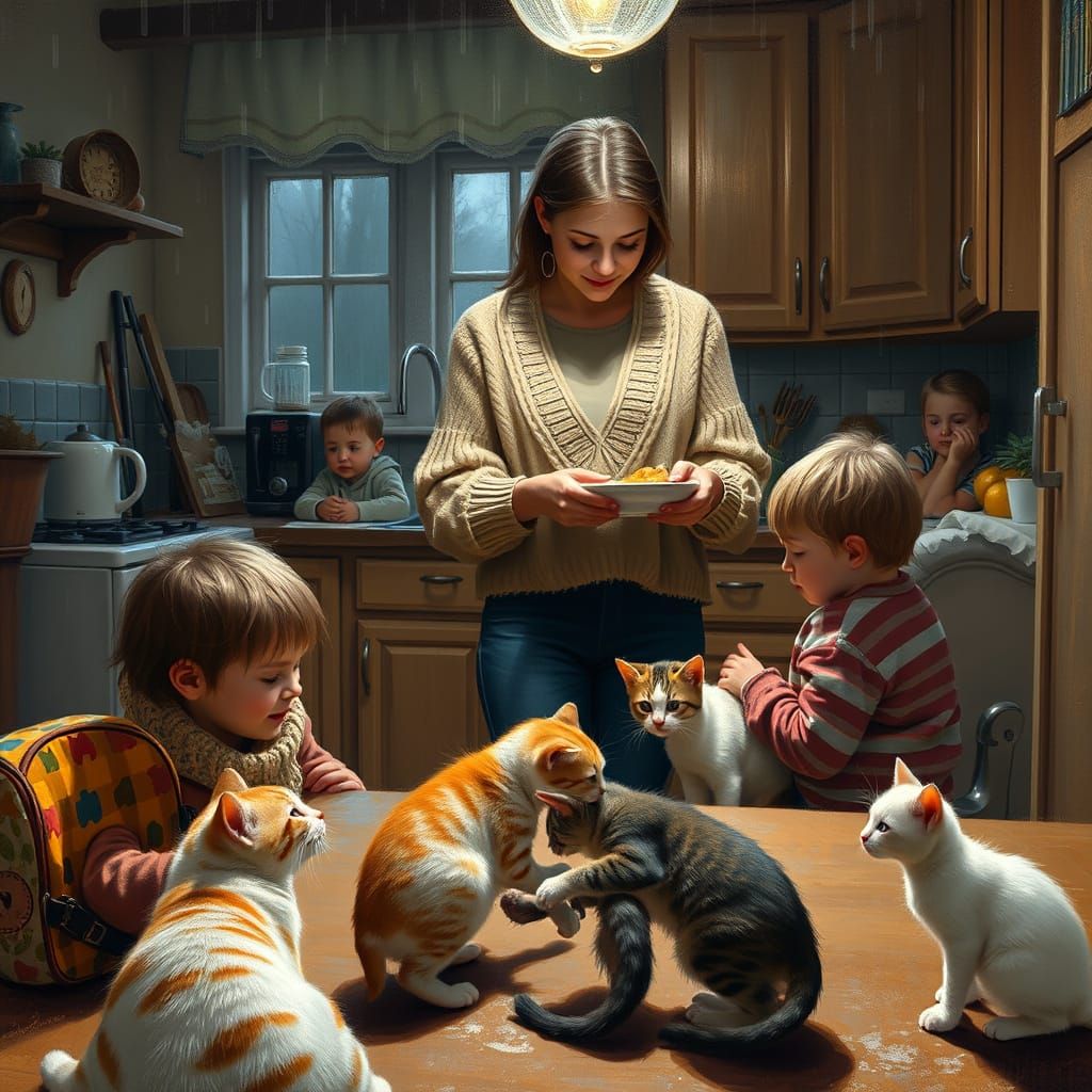 Mother Prepares Breakfast on a Rainy November Morning