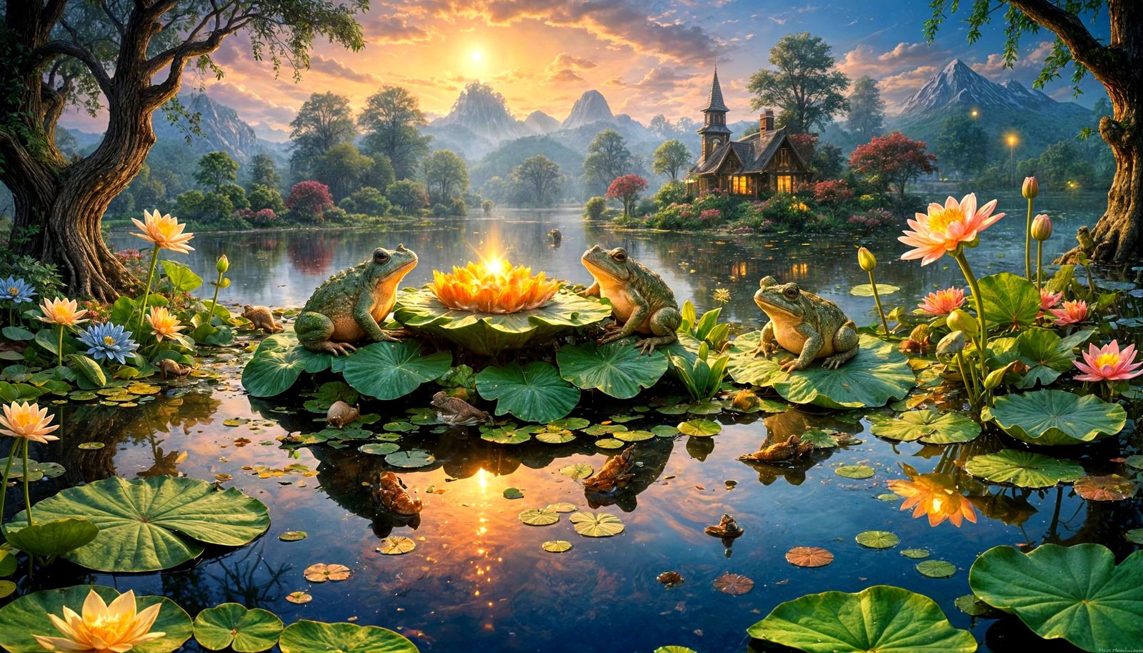 Toads Feast on Lilypad Under Cosmic Sky