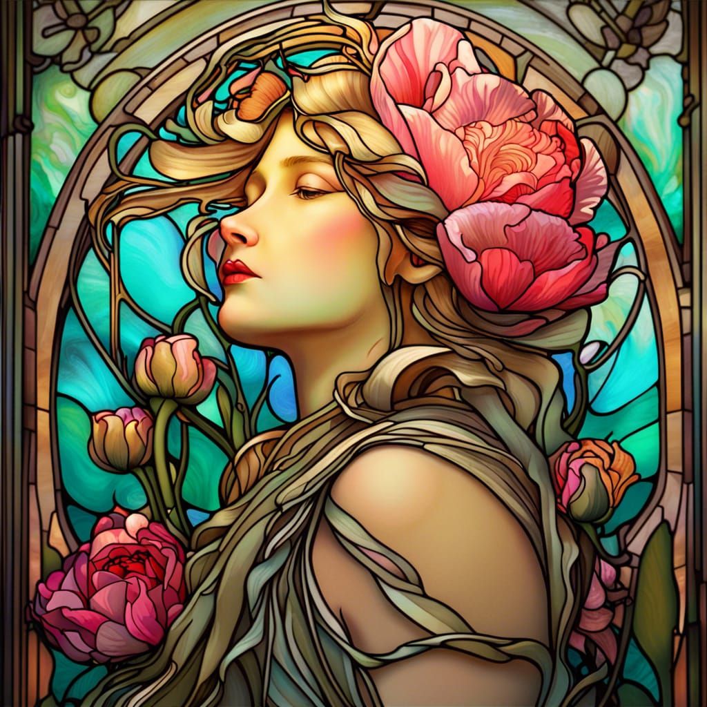 Art Nouveau Stained Glass Fairy with Flowers