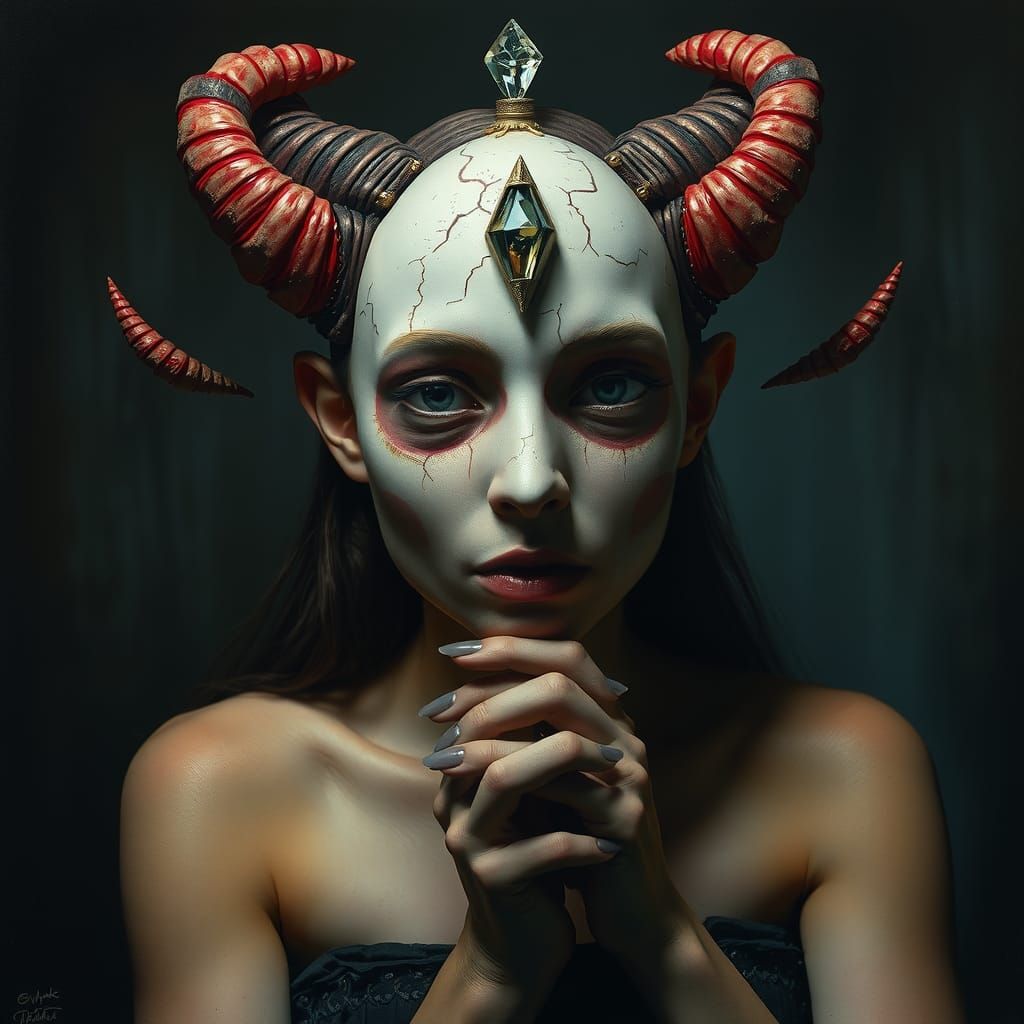 Horned Woman with Crystal, in Magical Realism Style