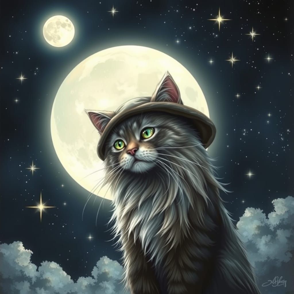 Enchanted Feline Magician Under Silver Moonlight