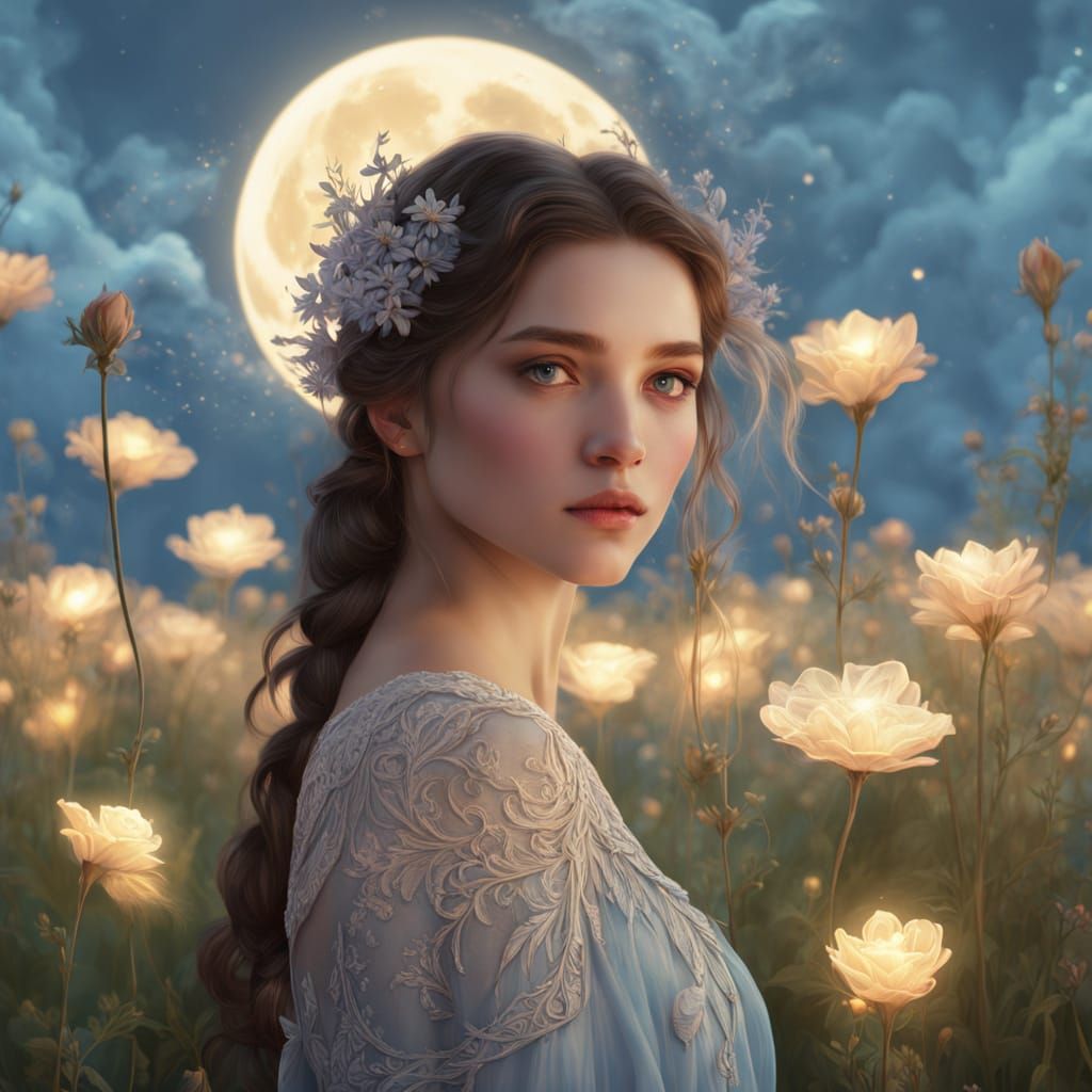 Ethereal Woman with Galaxy Eyes in Dreamlike Landscape